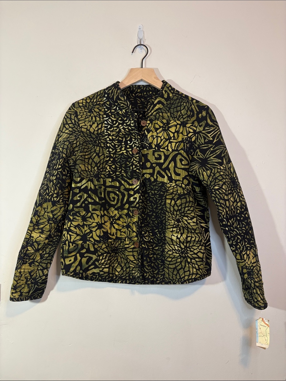 Vintage Quilted Cotton Kantha Jacket Button Up Earthy Sage Green Natural Fibers